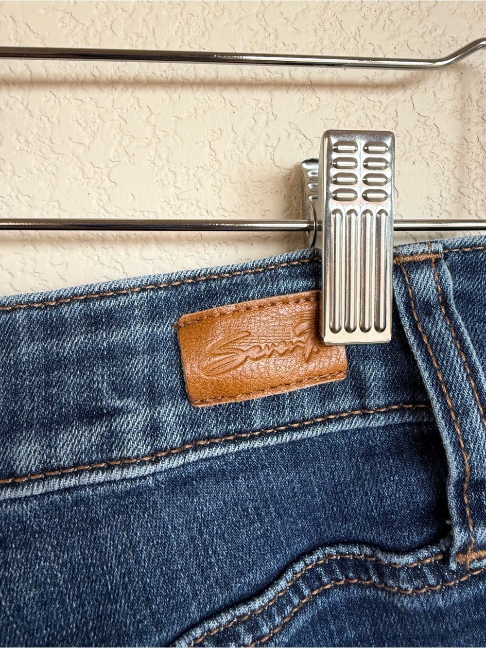 Seven7 Brown Leather Logo Patch on Blue Denim